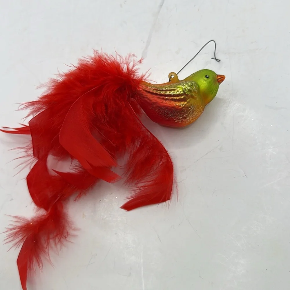 Vintage Red Feathered Bird Glass Ornament Collectible Decor Christmas